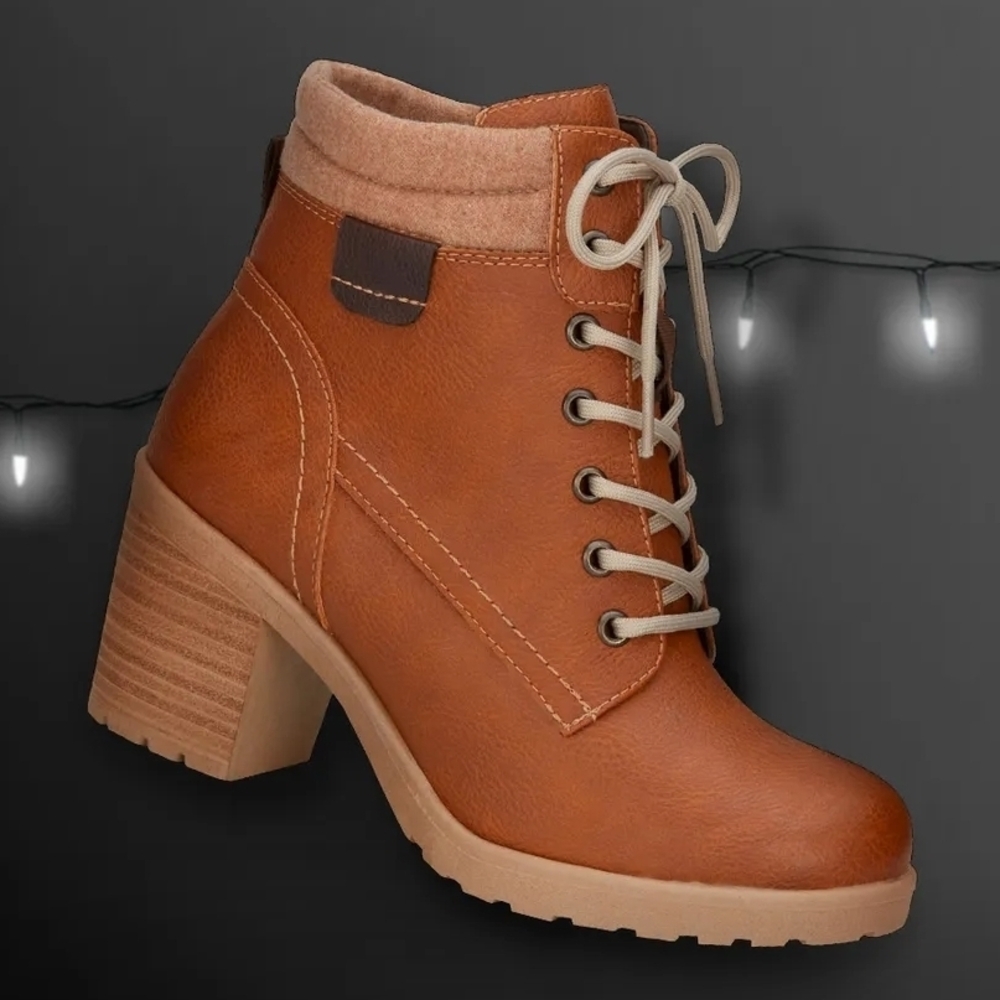 ANDREA Cognac Lace-Up Block Heel Ankle Boots